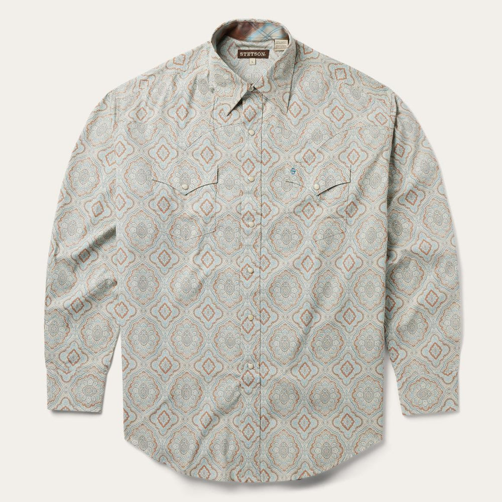 Aqua Paisley Print Western Shirt Green | Men Stetson Western Shirts