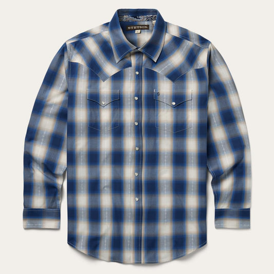 Blue Ombre Plaid Western Shirt Blue | Men Stetson Classic Cut