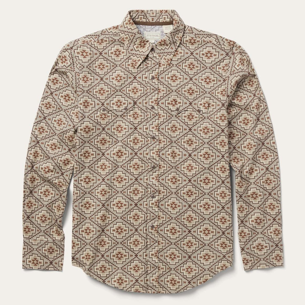 Brown Aztec Poplin Western Shirt Brown | Men Stetson Western Shirts