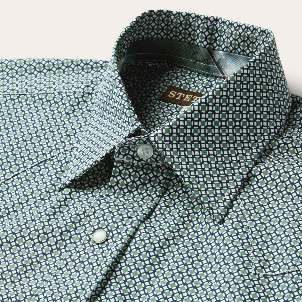 Circle Diamond Print Short Sleeve Western Shirt Green | Men Stetson Classic Cut