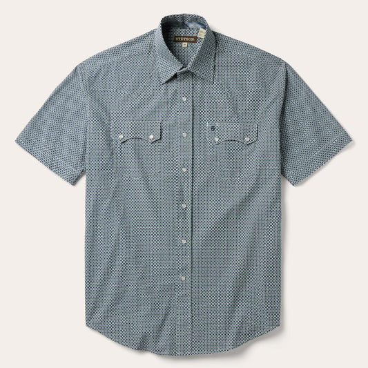 Circle Diamond Print Short Sleeve Western Shirt Green | Men Stetson Western Shirts
