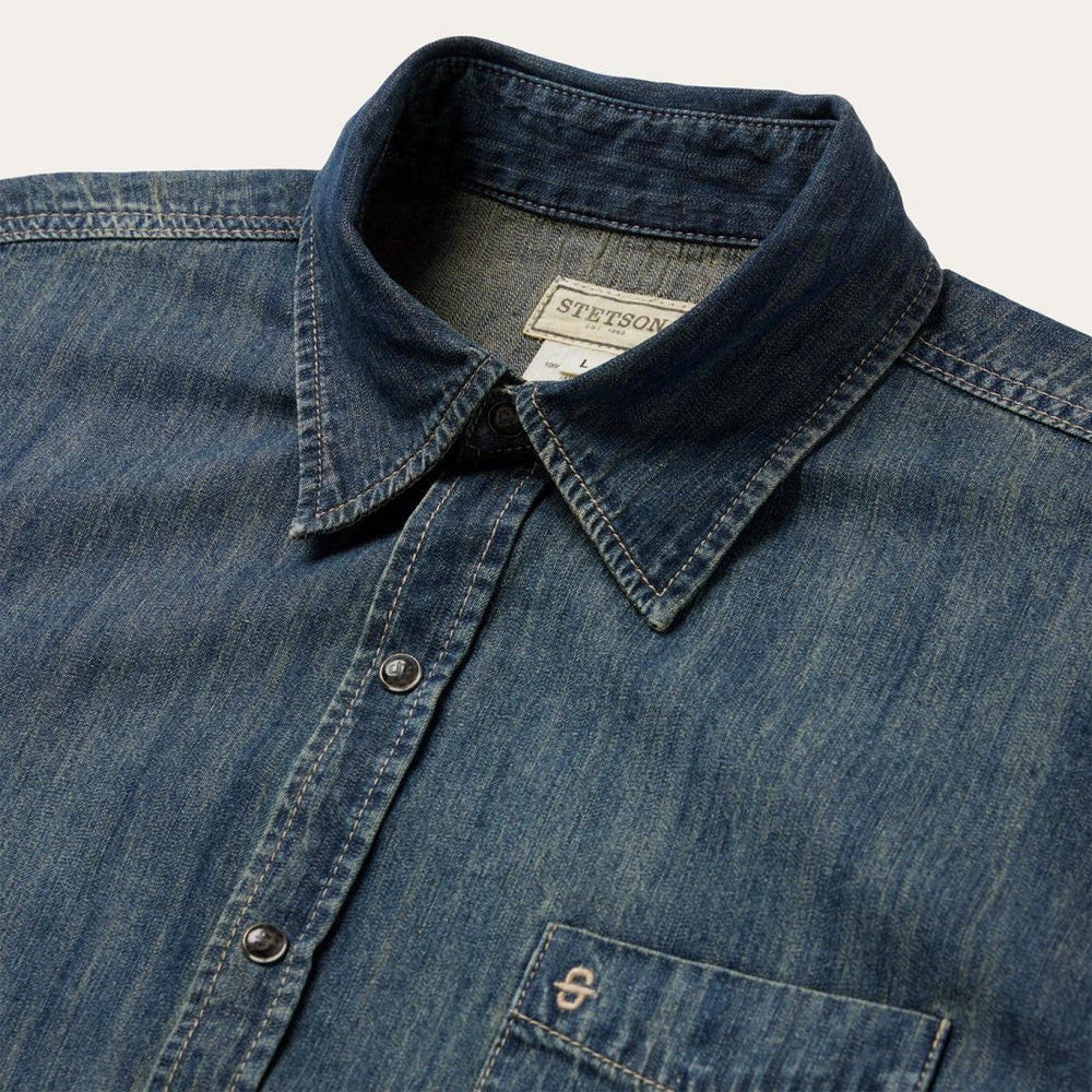 Dark Denim Western Shirt Blue | Men Stetson Denim Shirts