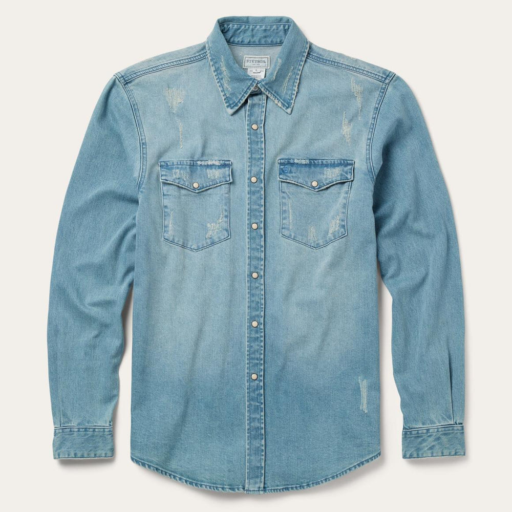 Distressed Denim Western Shirt Blue | Men Stetson Denim Shirts
