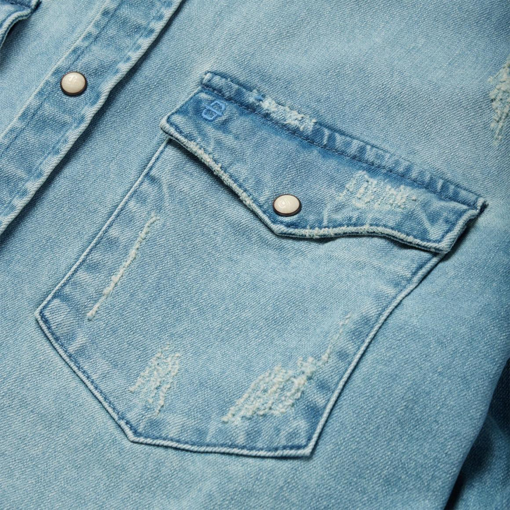 Distressed Denim Western Shirt Blue | Men Stetson Western Shirts