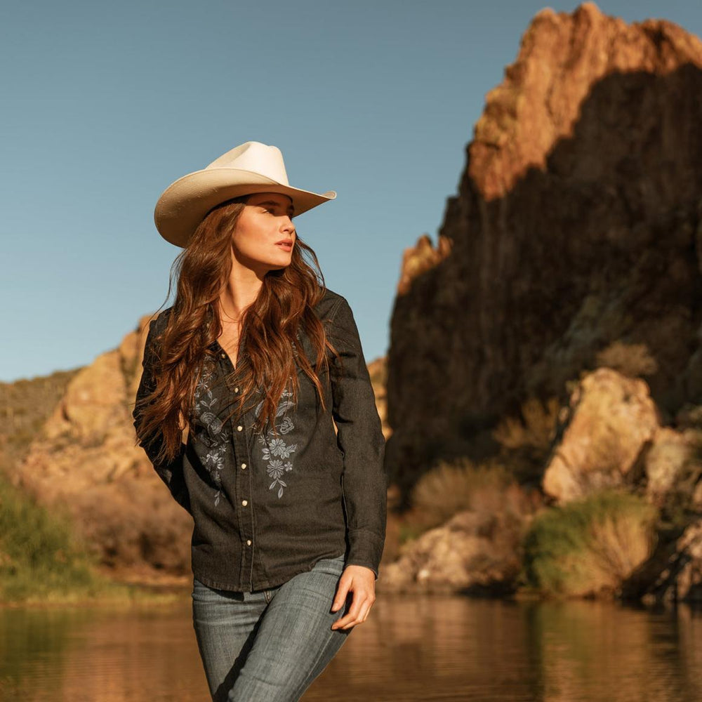 Embroidered Dark Denim Snap Front Shirt Blue | Women Stetson Western Shirts