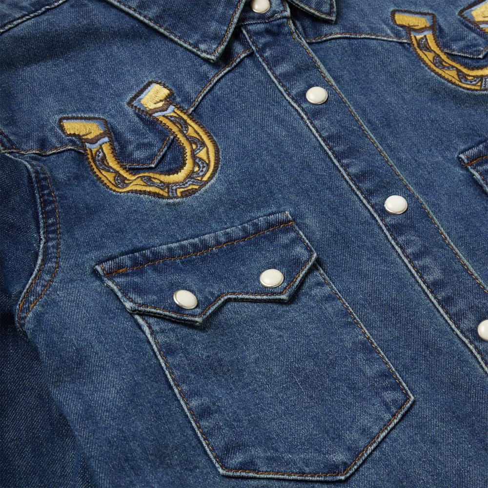 Embroidered Dark Denim Western Shirt Blue | Women Stetson Denim Shirts