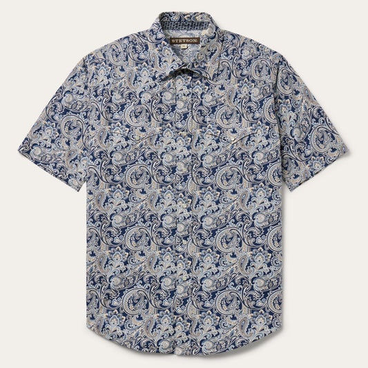 Greenspring Paisley Short Sleeve Western Shirt Blue | Men Stetson Classic Cut