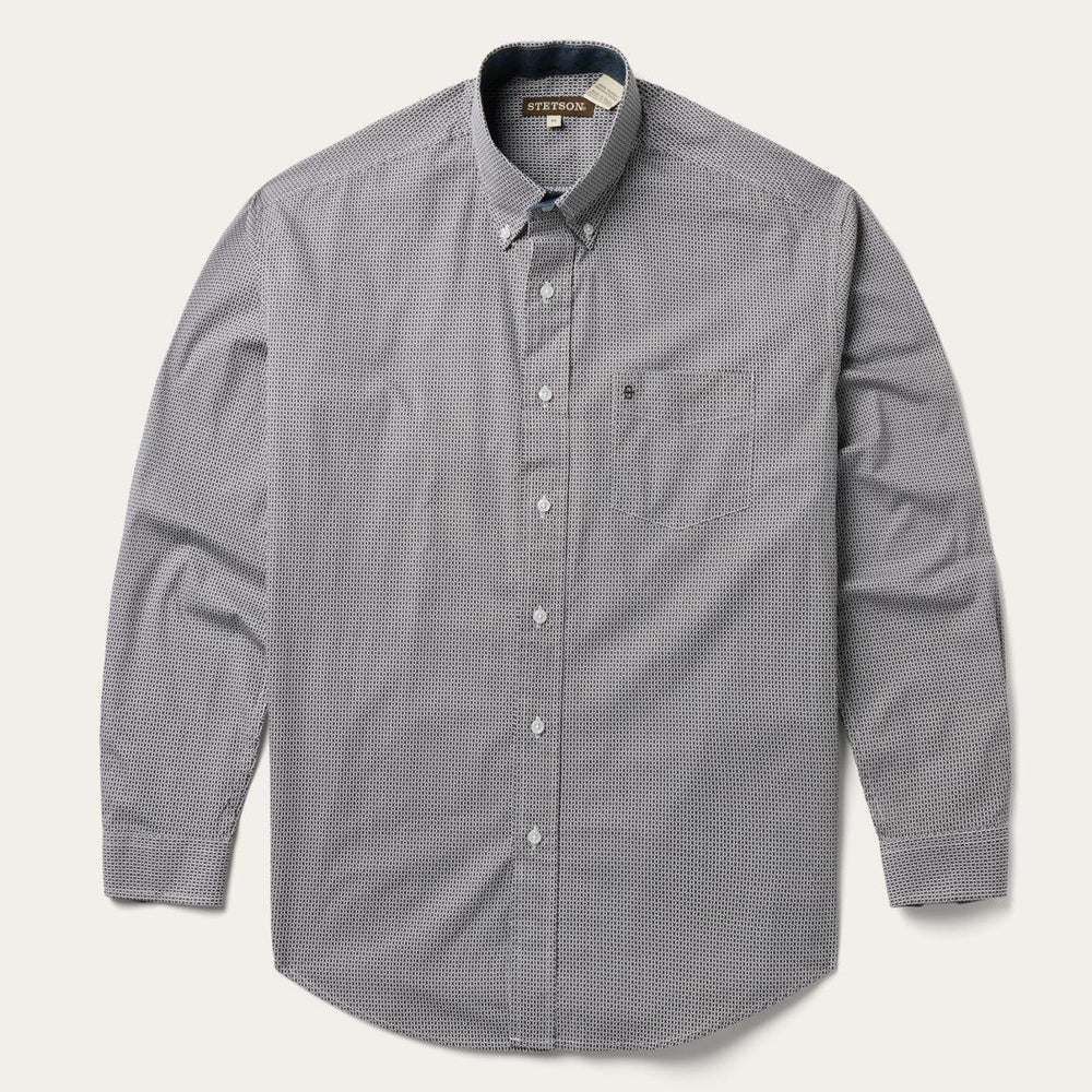 Grey Geo Print Button Front Shirt Grey | Men Stetson Classic Cut