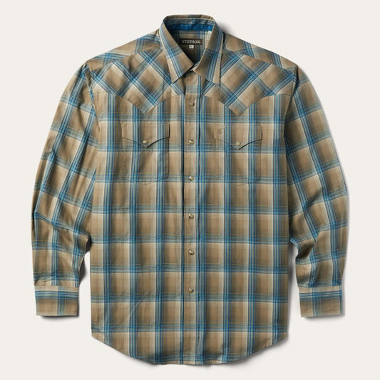 Khaki Ombre Plaid Shirt Brown | Men Stetson Western Shirts