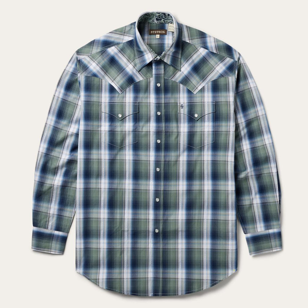 Lucky Diamond Plaid Western Shirt Green | Men Stetson Western Shirts