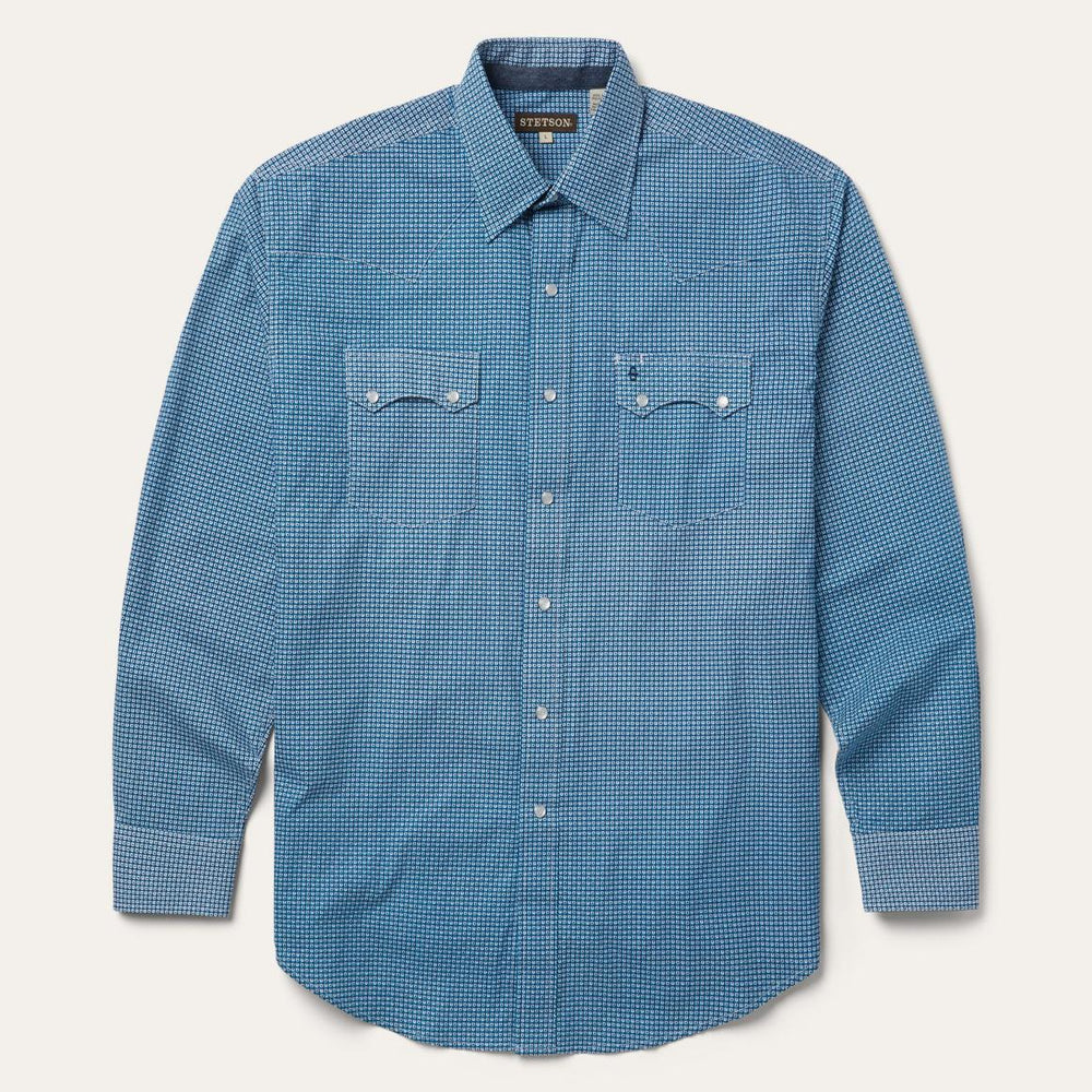 Micro Print Western Shirt Blue | Men Stetson Western Shirts