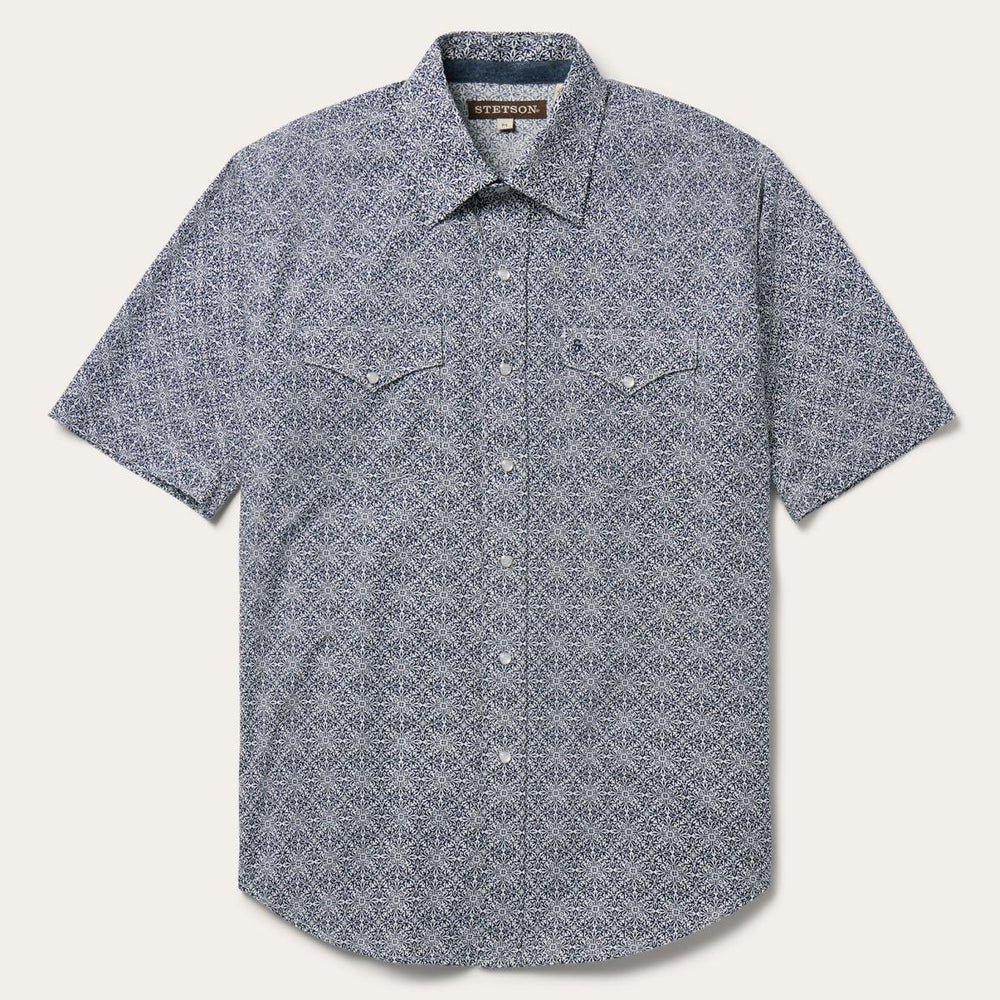 Navy Print Short Sleeve Western Shirt Blue | Men Stetson Classic Cut