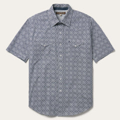 Navy Print Short Sleeve Western Shirt Blue | Men Stetson Western Shirts