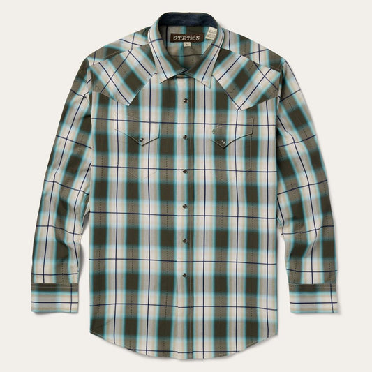 Olive Ombre Plaid Western Shirt Green | Men Stetson Classic Cut