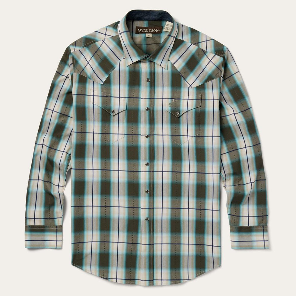 Olive Ombre Plaid Western Shirt Green | Men Stetson Western Shirts