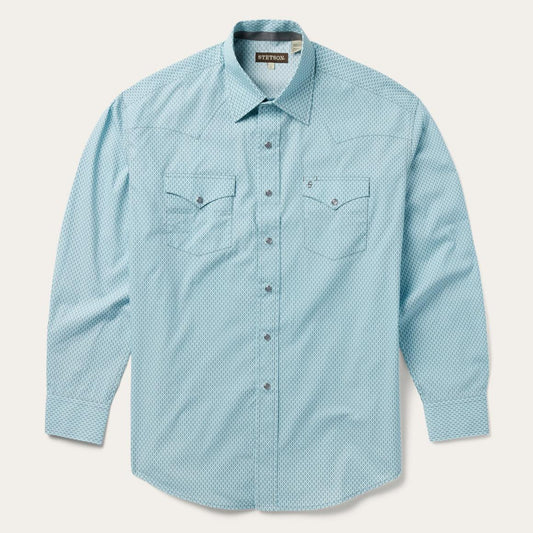 Silver Diamond Neat Print Western Shirt Blue | Men Stetson Western Shirts