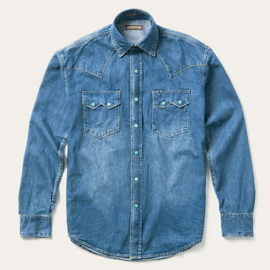 Turquoise Snap Western Denim Shirt Blue | Men Stetson Classic Cut