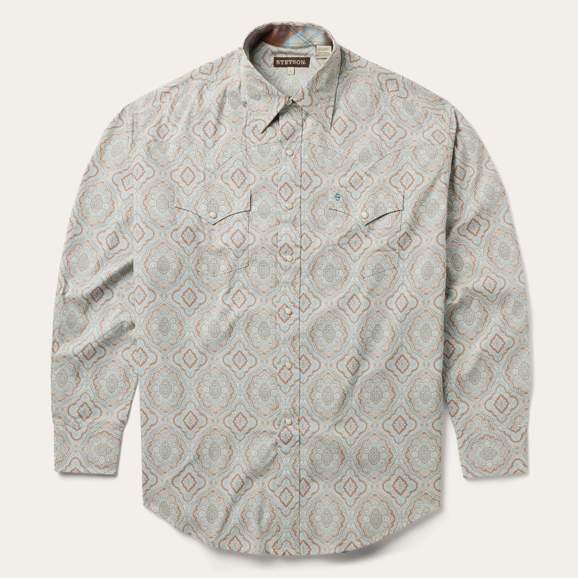 Aqua Paisley Print Western Shirt Green | Men Stetson Western Shirts
