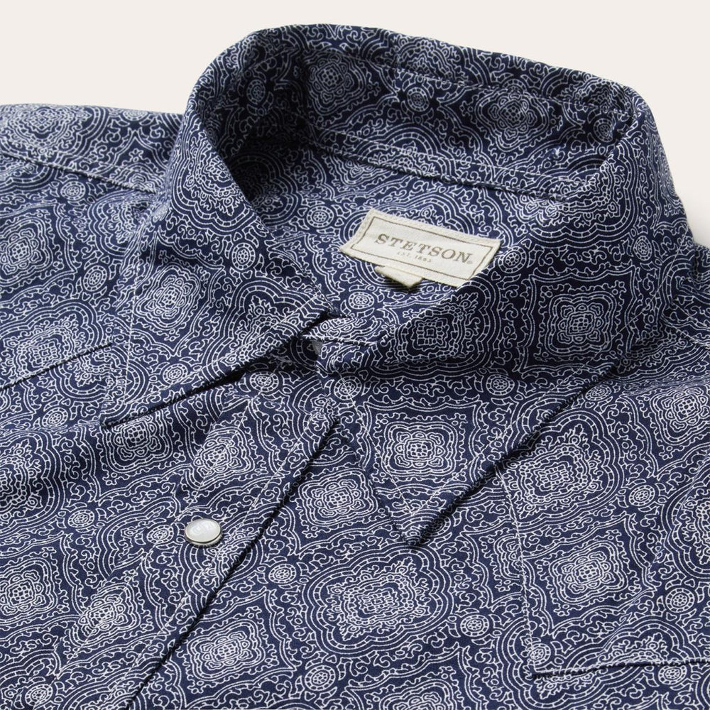Blue Medallion Print Western Shirt Blue | Men Stetson Western Shirts
