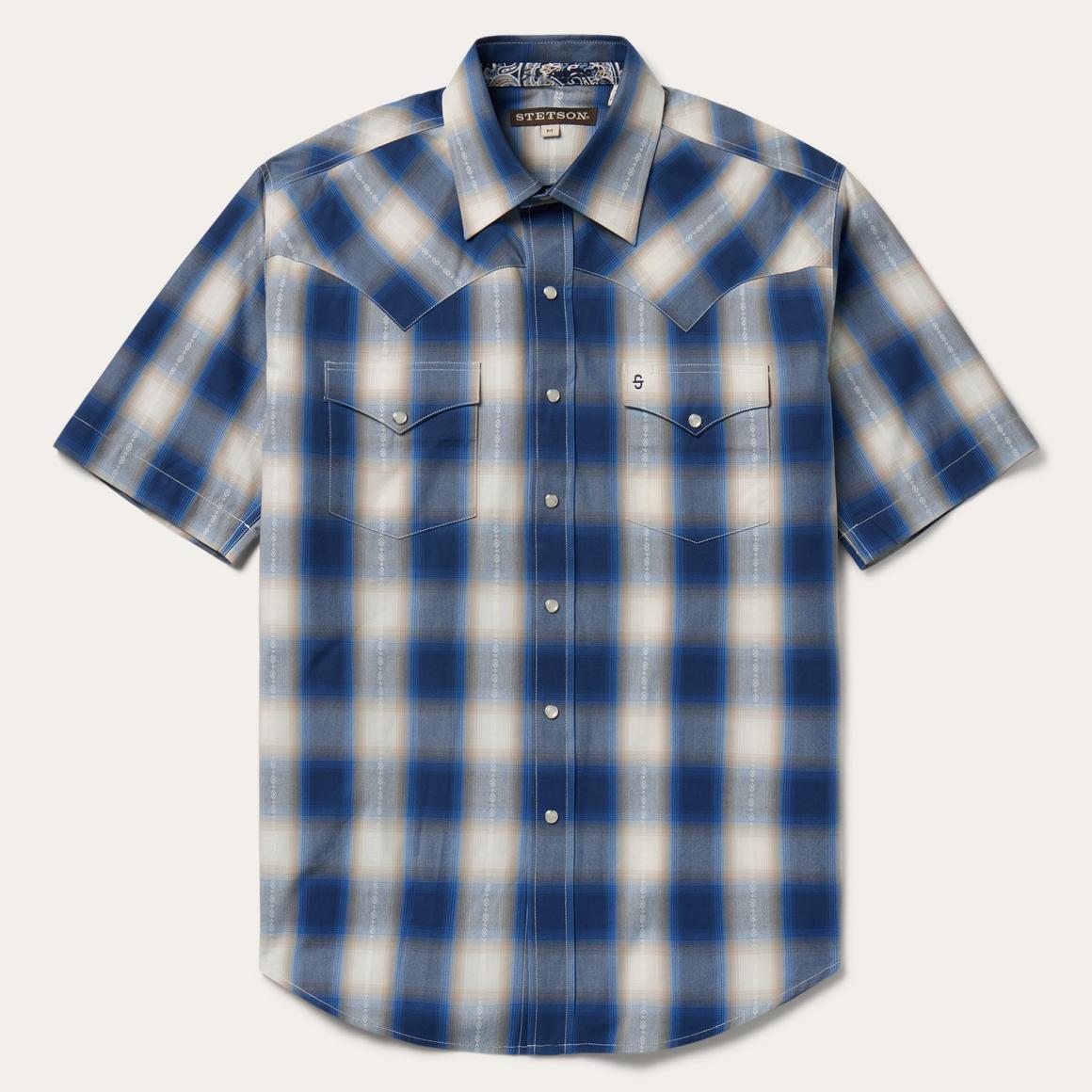 Blue Ombre Plaid Short Sleeve Western Shirt Blue | Men Stetson Western Shirts