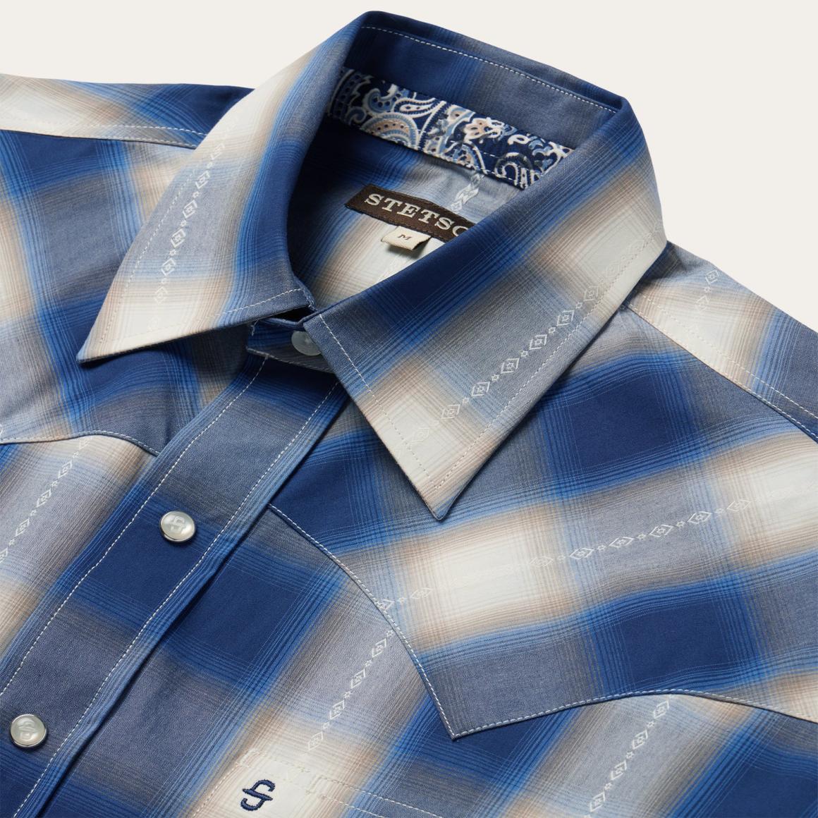 Blue Ombre Plaid Short Sleeve Western Shirt Blue | Men Stetson Western Shirts