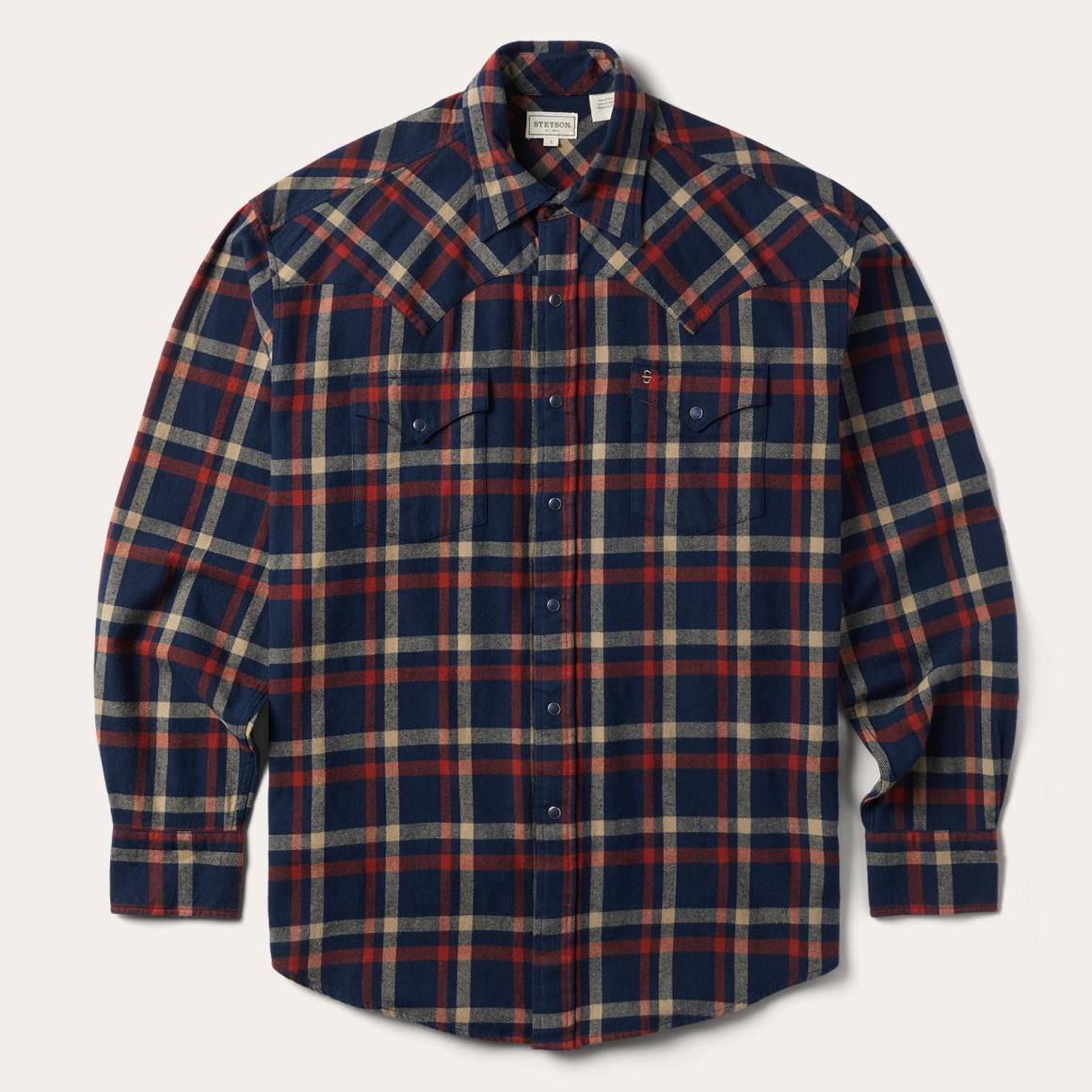 Brushed Twill Plaid Shirt Blue | Men Stetson Classic Cut