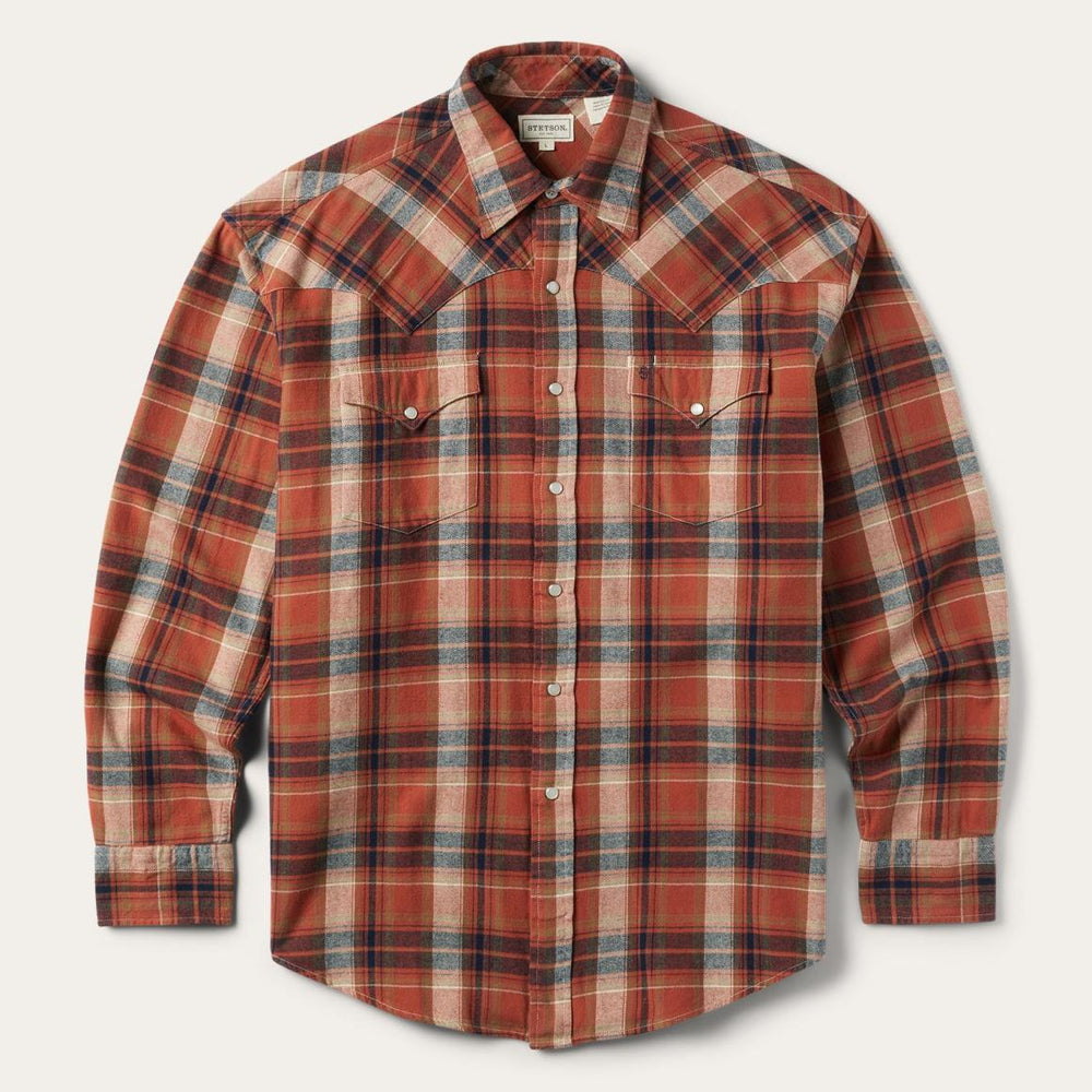Brushed Twill Plaid Shirt Orange | Men Stetson Classic Cut