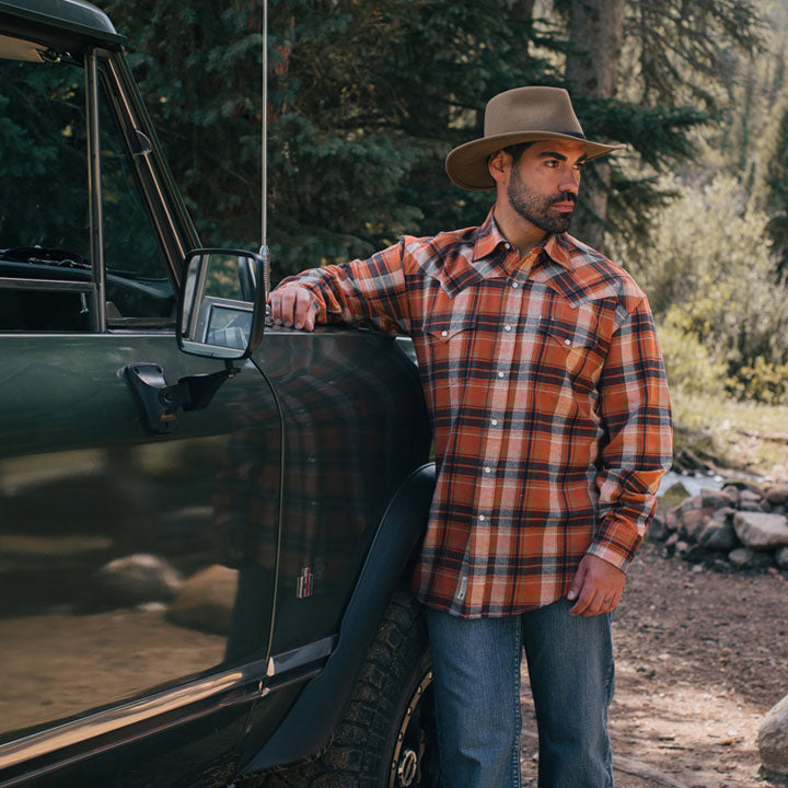 Brushed Twill Plaid Shirt Orange | Men Stetson Classic Cut