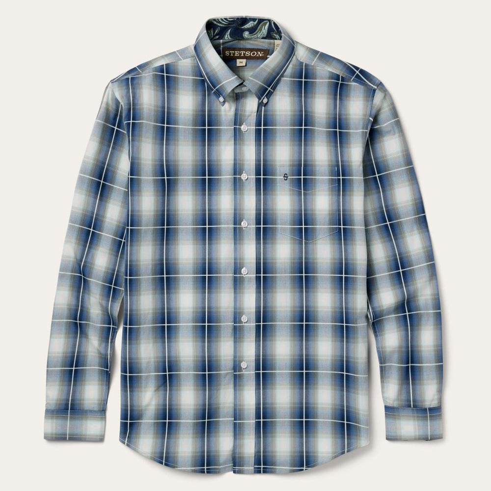 Crystal Plaid Button Down Shirt Blue | Men Stetson Western Shirts