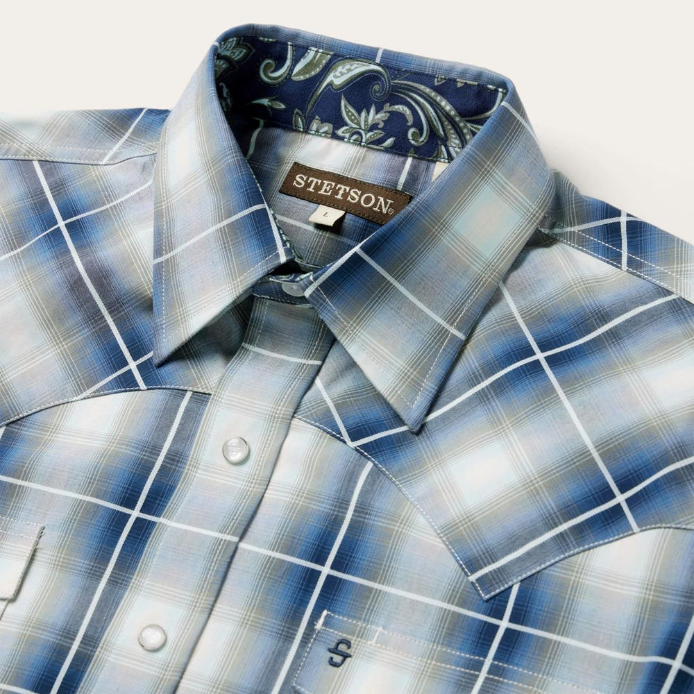 Crystal Plaid Western Shirt Blue | Men Stetson Western Shirts
