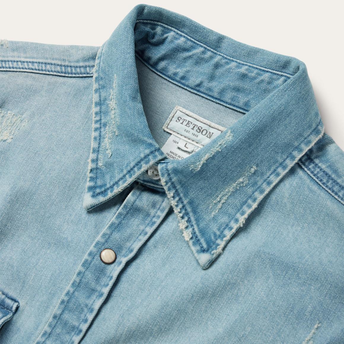 Distressed Denim Western Shirt Blue | Men Stetson Modern Cut