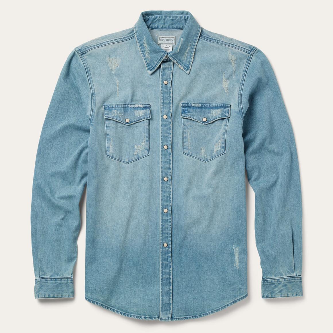 Distressed Denim Western Shirt Blue | Men Stetson Western Shirts