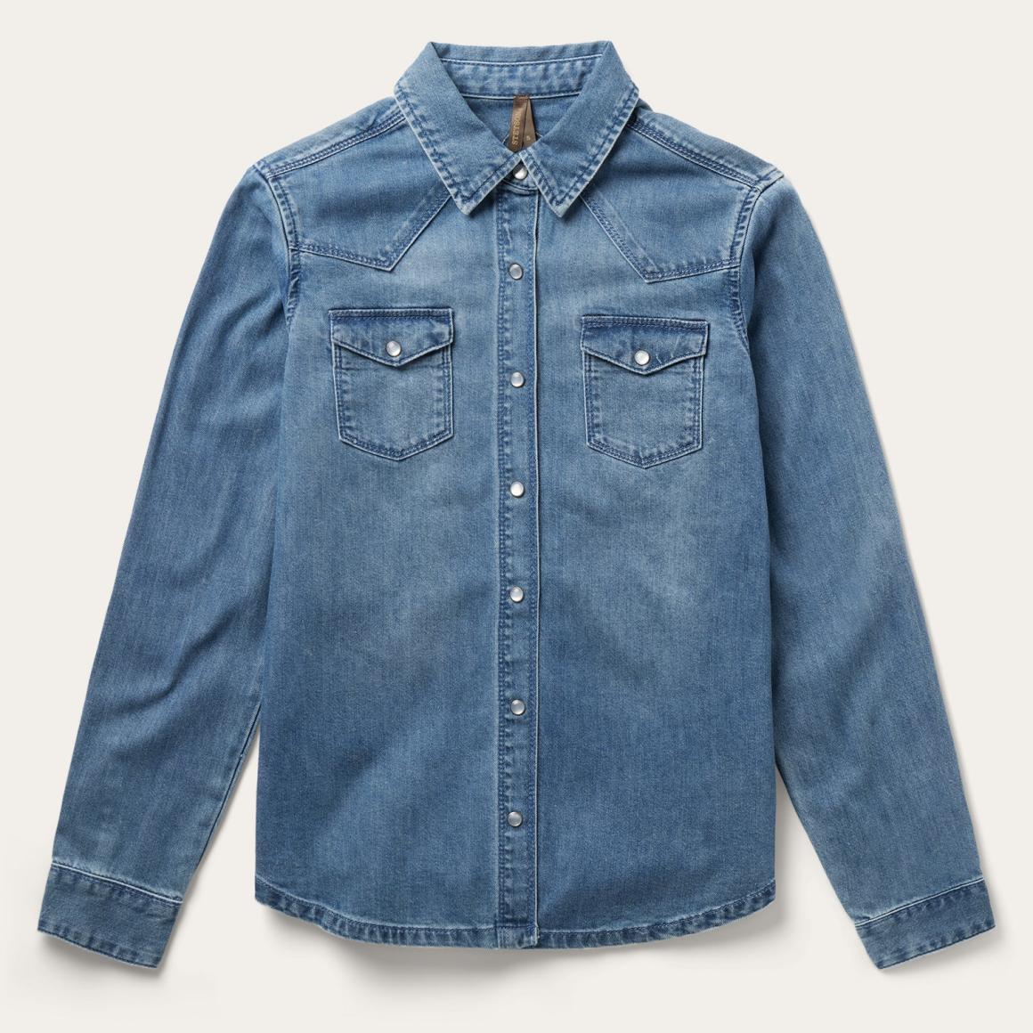 Embroidered Boyfriend Fit Denim Shirt Blue | Women Stetson Denim Shirts