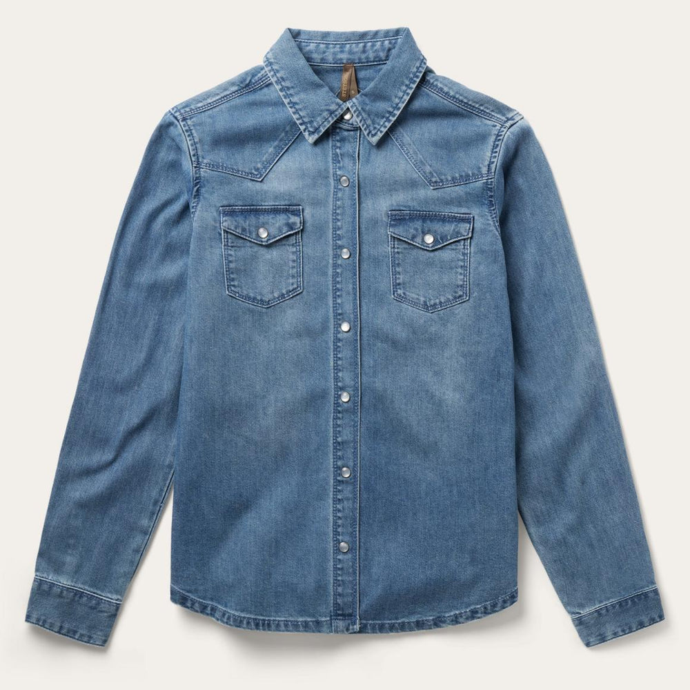 Embroidered Boyfriend Fit Denim Shirt Blue | Women Stetson Denim Shirts