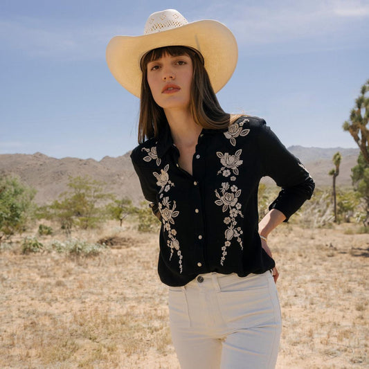 Embroidered Crepe Western Shirt Black | Women Stetson Western Shirts