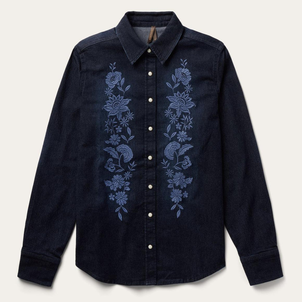 Embroidered Dark Denim Snap Front Shirt Blue | Women Stetson Denim Shirts