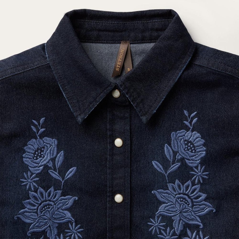 Embroidered Dark Denim Snap Front Shirt Blue | Women Stetson Western Shirts