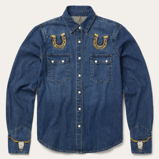 Embroidered Dark Denim Western Shirt Blue | Women Stetson Denim Shirts
