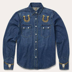 Embroidered Dark Denim Western Shirt Blue | Women Stetson Denim Shirts
