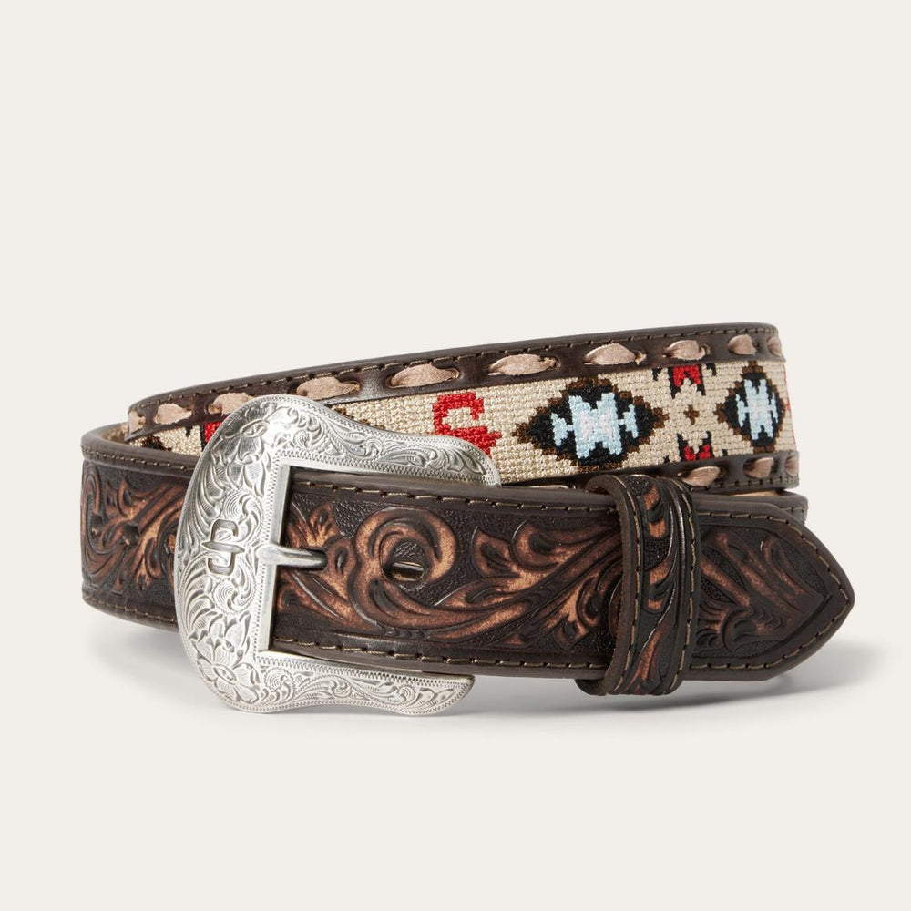 Embroidered Tooled Tab Belt Vintage Brown | Men Stetson Belts
