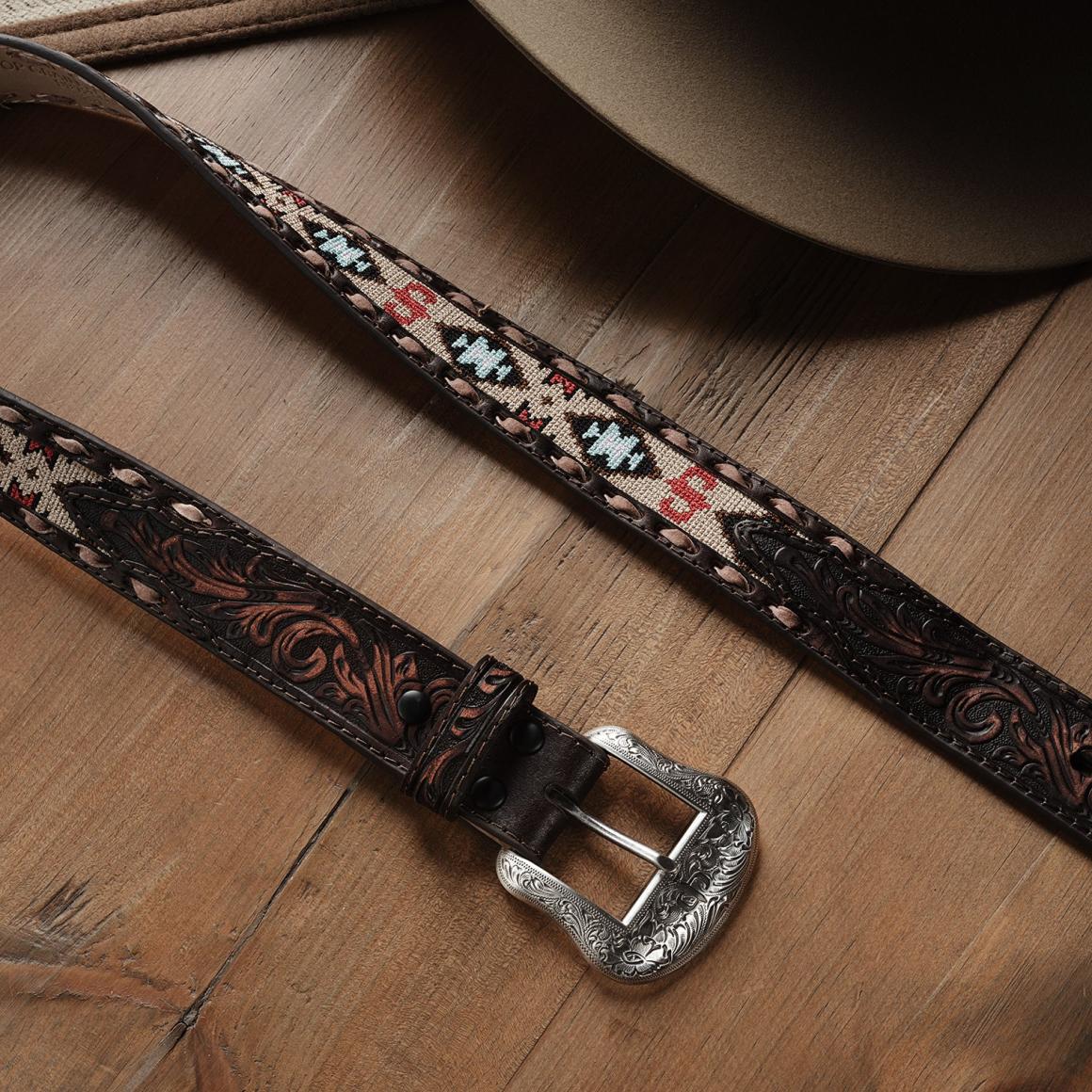 Embroidered Tooled Tab Belt Vintage Brown | Men Stetson Belts