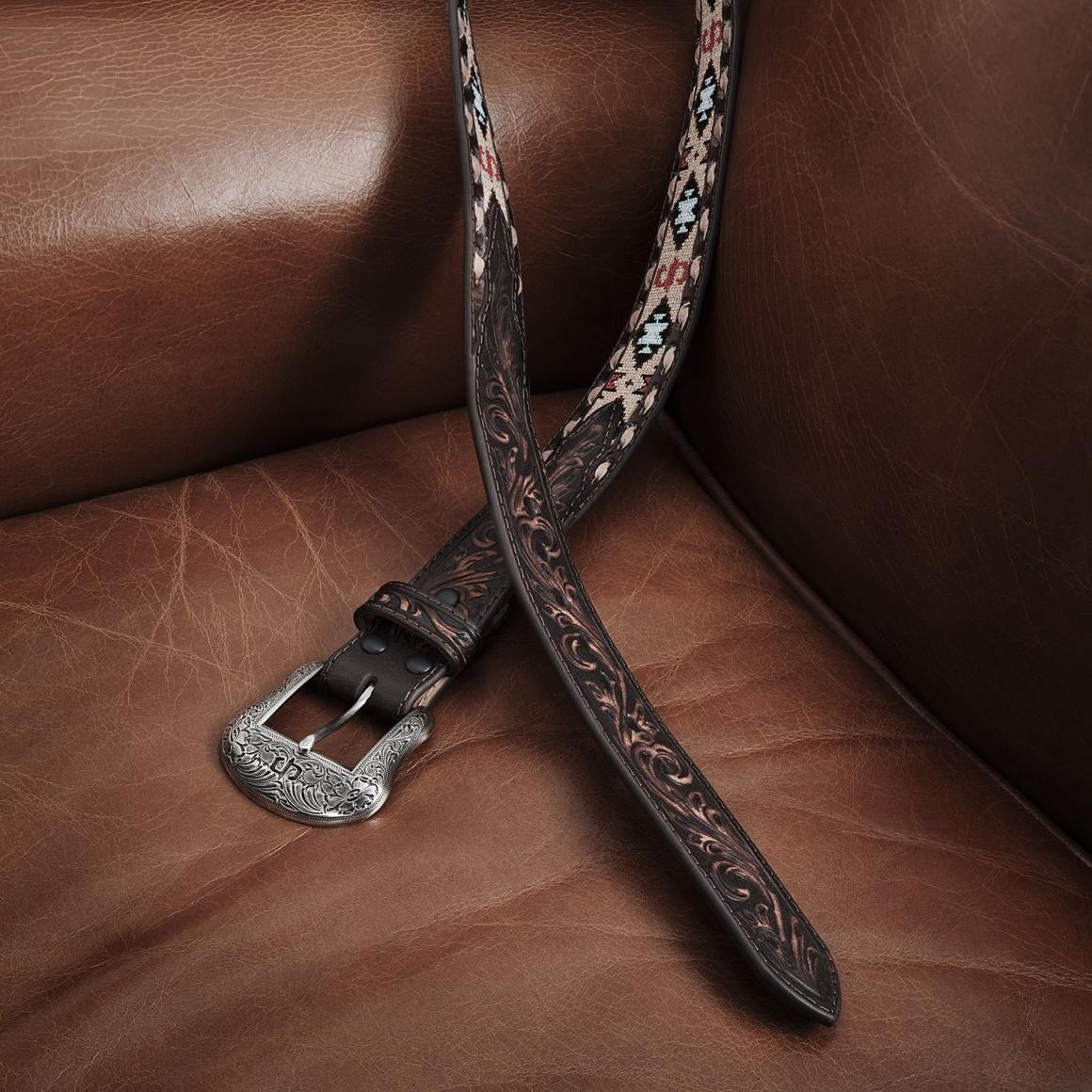 Embroidered Tooled Tab Belt Vintage Brown | Men Stetson Belts