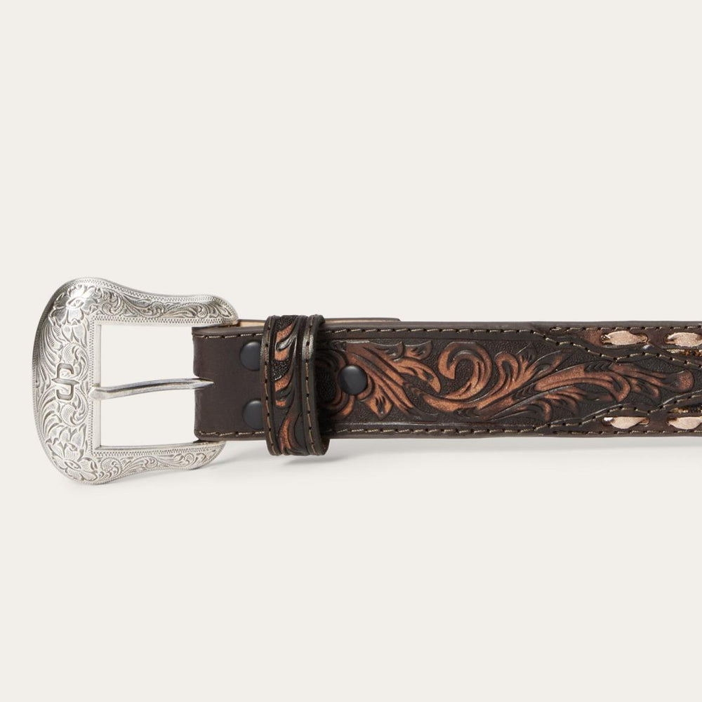 Embroidered Tooled Tab Belt Vintage Brown | Men Stetson Belts