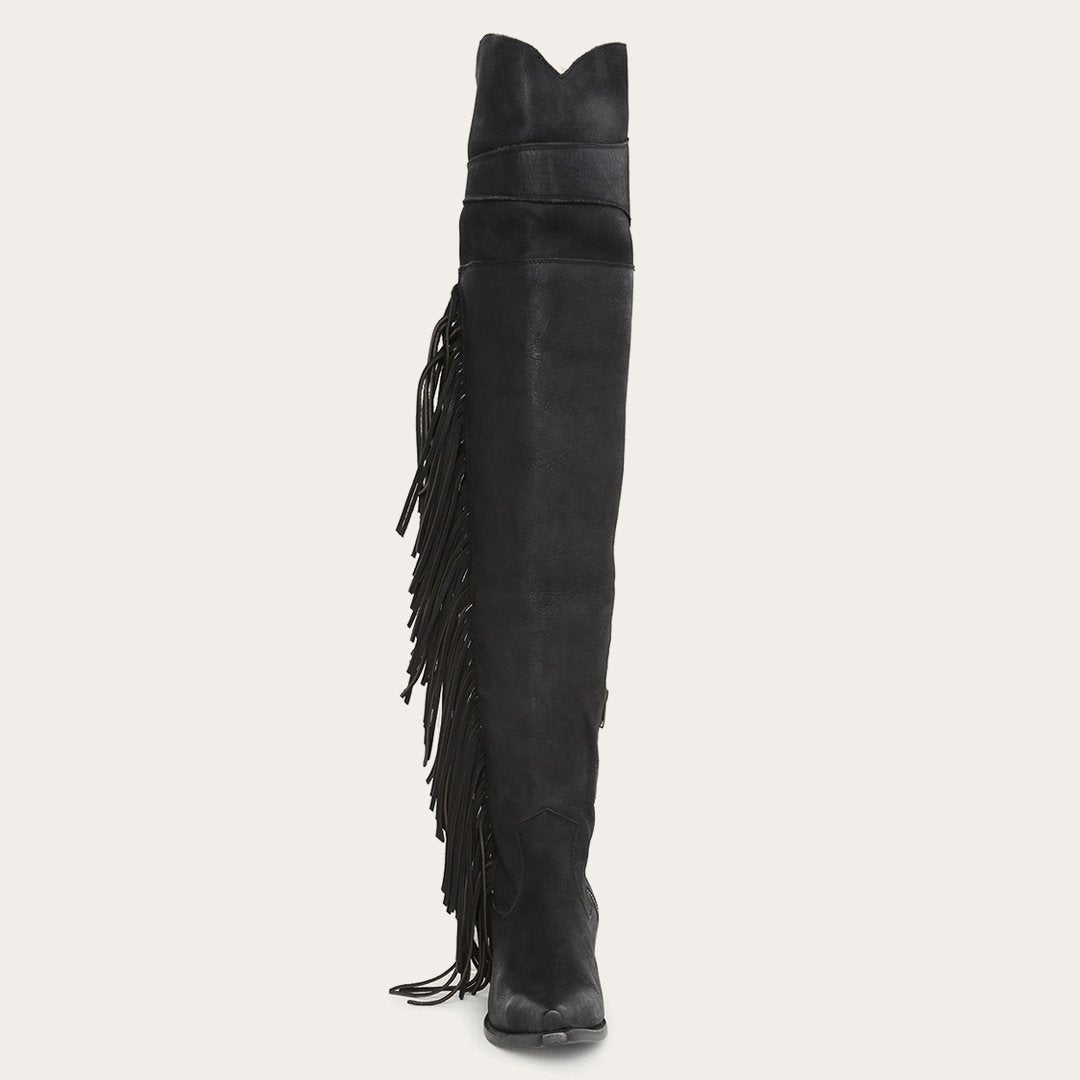 Glam Over-The-Knee Fringe Boot Black Leather | Women Stetson Western
