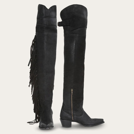 Glam Over-The-Knee Fringe Boot Black Leather | Women Stetson Western