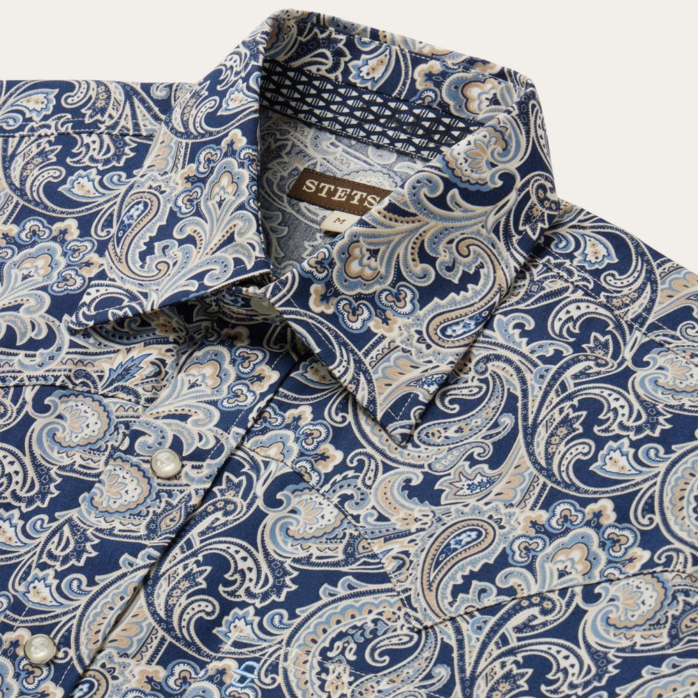 Greenspring Paisley Short Sleeve Western Shirt Blue | Men Stetson Western Shirts