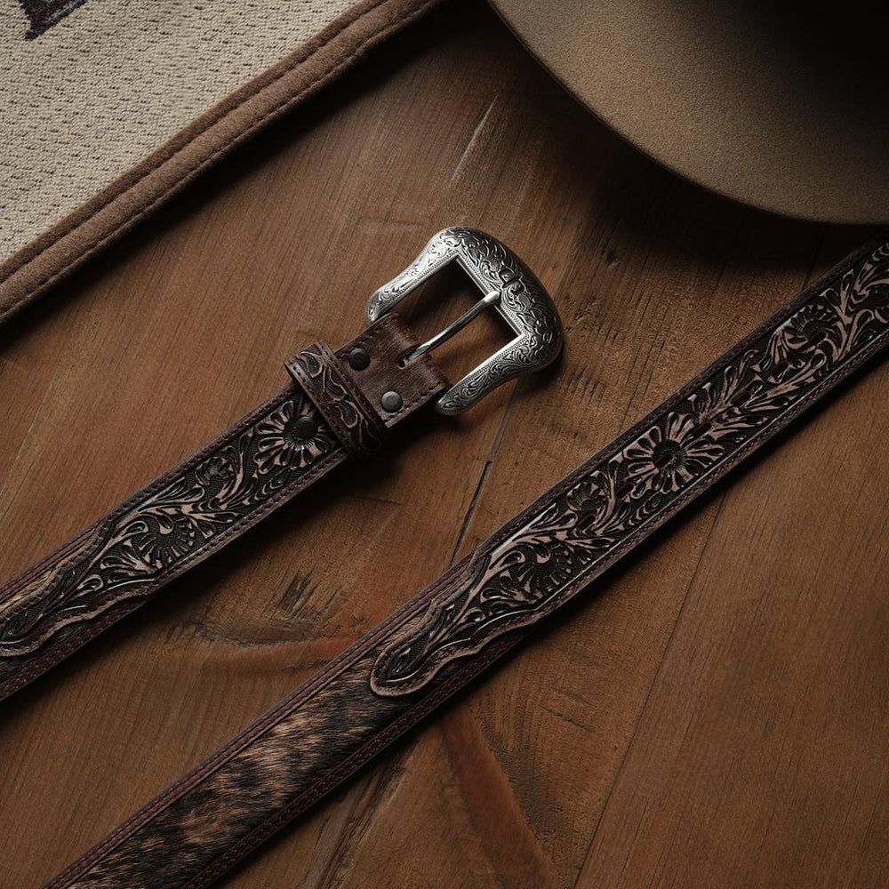 Hair-on-Hide Tooled Tab Belt Vintage/brown | Men Stetson Belts
