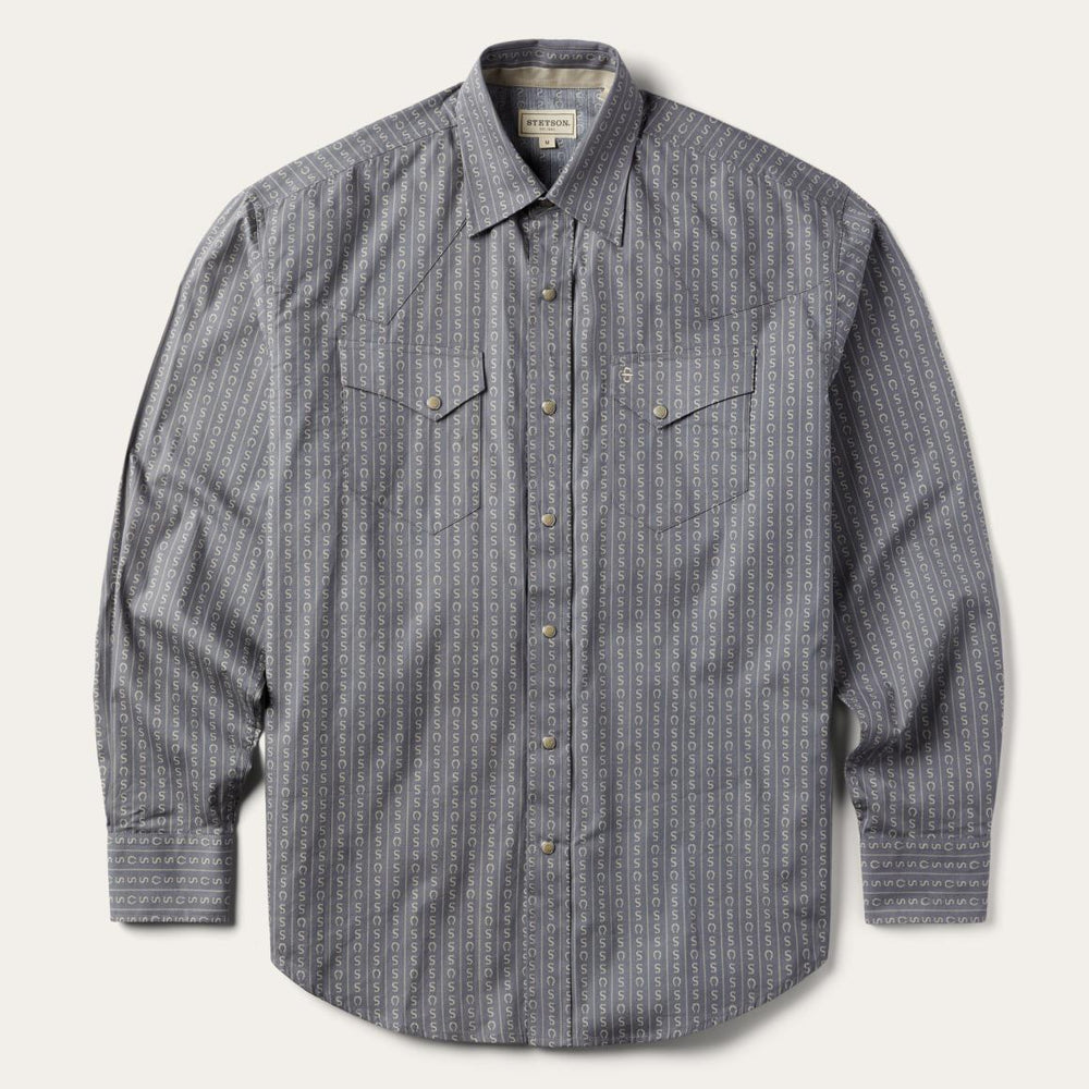 Horseshoe Stripe Print Shirt Grey | Men Stetson Western Shirts