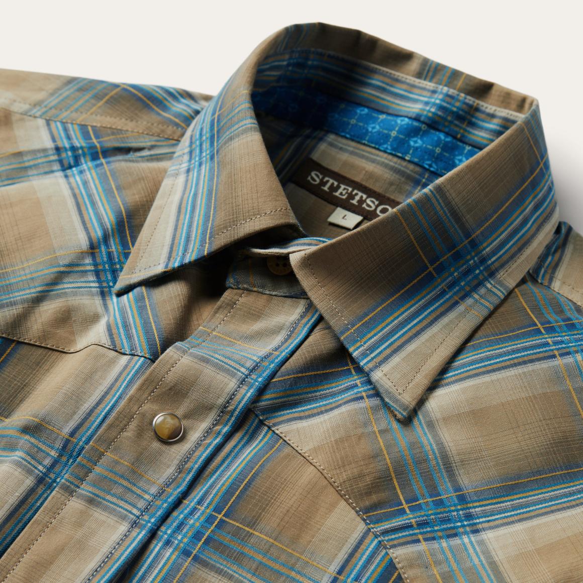 Khaki Ombre Plaid Shirt Brown | Men Stetson Western Shirts