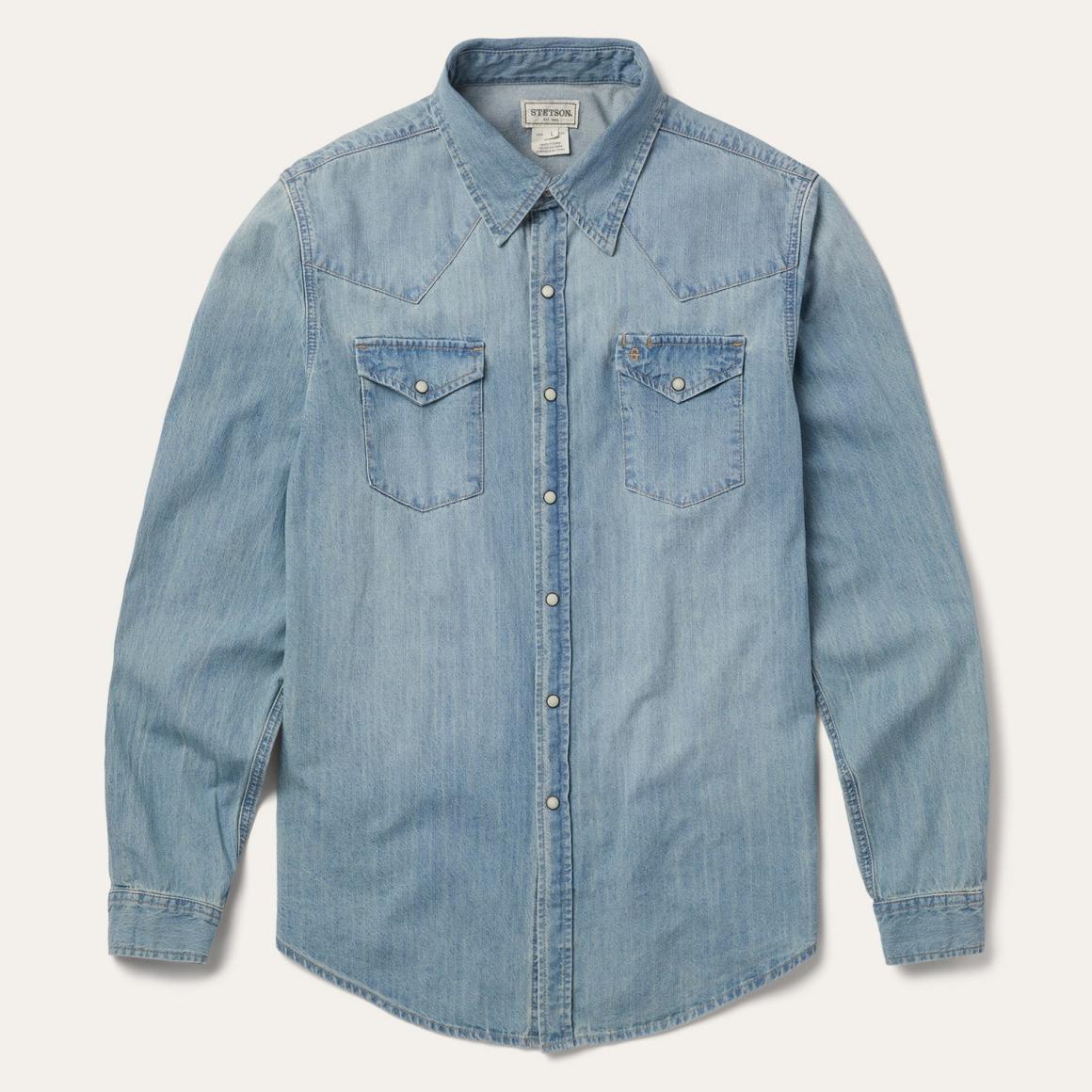 Long-Sleeved Denim Shirt Blue | Men Stetson Denim Shirts